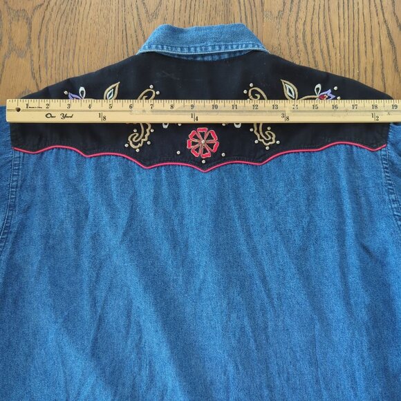 Rhythm Blue Vintage Shirt Western Denim Velvet Embroidered Floral Women L - Picture 11 of 14